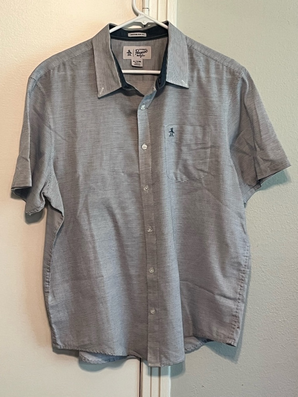 Original Penguin Men's Short Sleeve Button-Up Shirt - Navy Striped Size XL